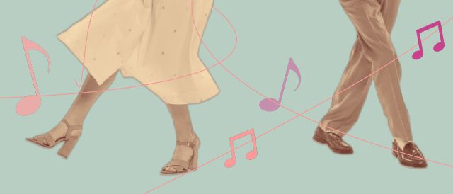 Flyer Tanzsamstag, blauer Hintergrund, Tanzbeine Dame und Herr mit Linien und Musiknoten in pink