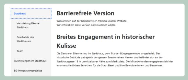 Screenshot der barrierefreien Ansicht der Website bgbasel.ch auf hellgrünem Hintergrund.