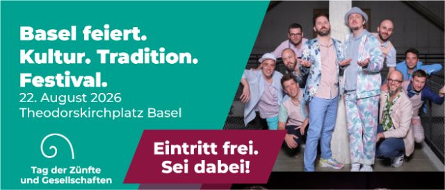 Flyer für den Tag der Zünfte und Gesellschaften in Basel am 22.8.26 auf dem Theodorskirchplatz