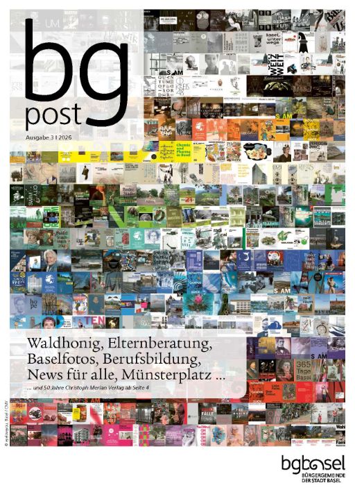 Titelseite der «bg post» 176, Ausgabe 3, 2026. Auf dem Cover sind sehr viele kleine Bücher abgebildet, die im Christoph Merian Verlag erschienen sind. Sie sind nach Farben von geordnet.