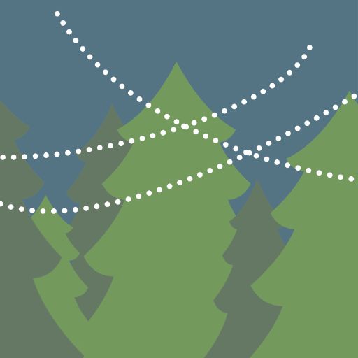 Grafische Darstellung von Tannen und Lichterketten in Blau und Grün.