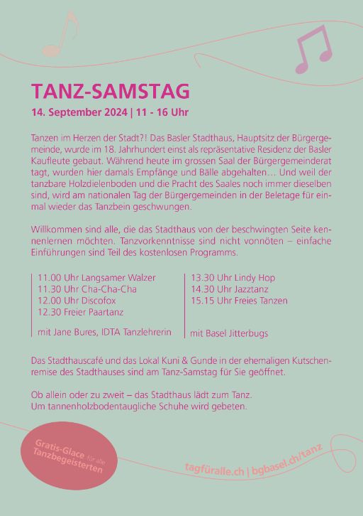 Flyer Rückseite zum Tanz Samstag am 14.9.2024 im Stadthaus Basel