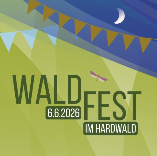 Illustration Waldfest mit Datum 6.6.26 und Ort "im Hardwald"