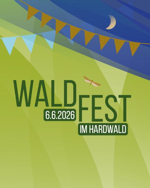 Illustration Waldfest mit Datum 6.6.26 und Ort "im Hardwald"