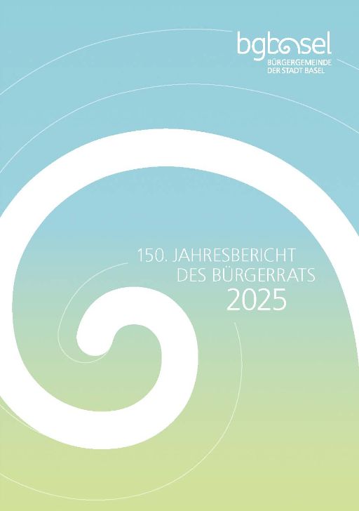 Cover Jahresbericht 2025, Hintergrund ist ein blauer und grüner Farbverlauf davor ist in weiss das Symbol des BG-Logos abgebildet: Ein stilisierter Basel-Stab.
